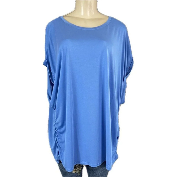 Industry Republic Clothing 3X Blue Ruched Side Crew Neck Cuff Short Sleeve Top - Picture 2 of 6